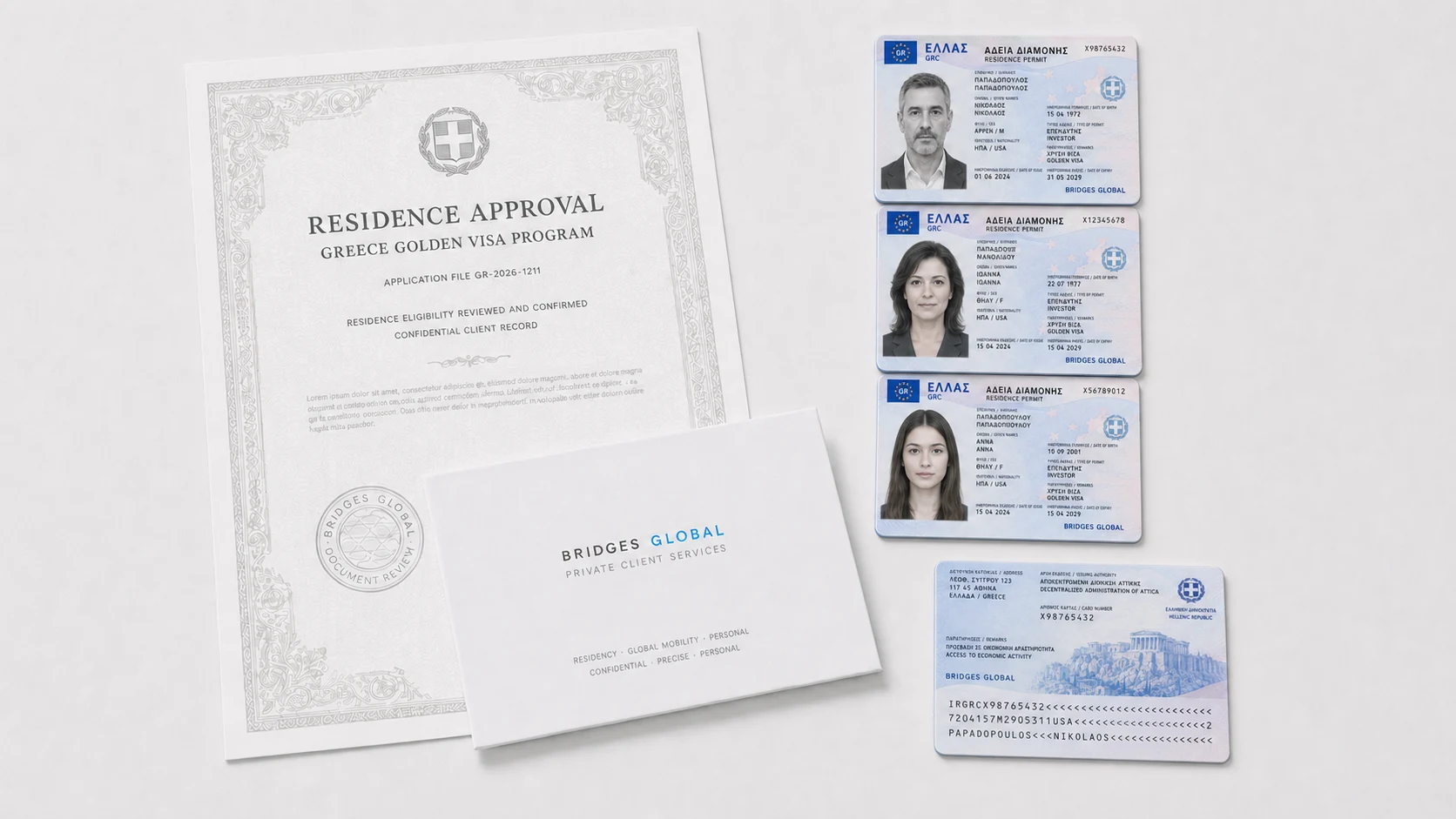 A Greek residence card and a set of Golden Visa documents