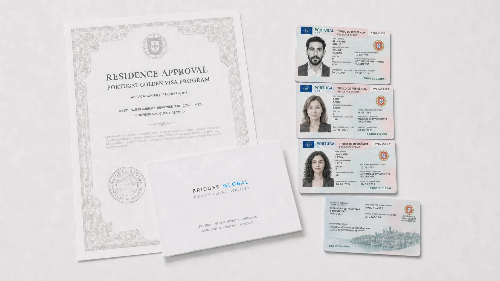Portuguese residence cards and a set of Golden Visa documents