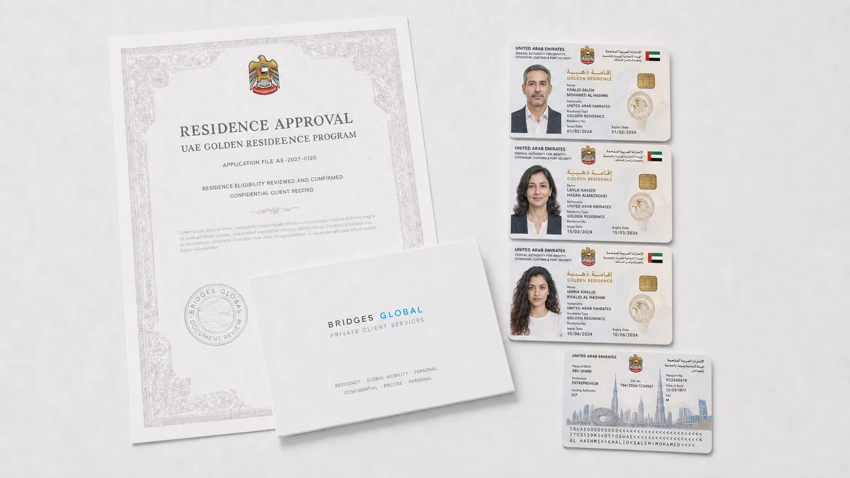 UAE residence cards and a set of Golden Visa documents