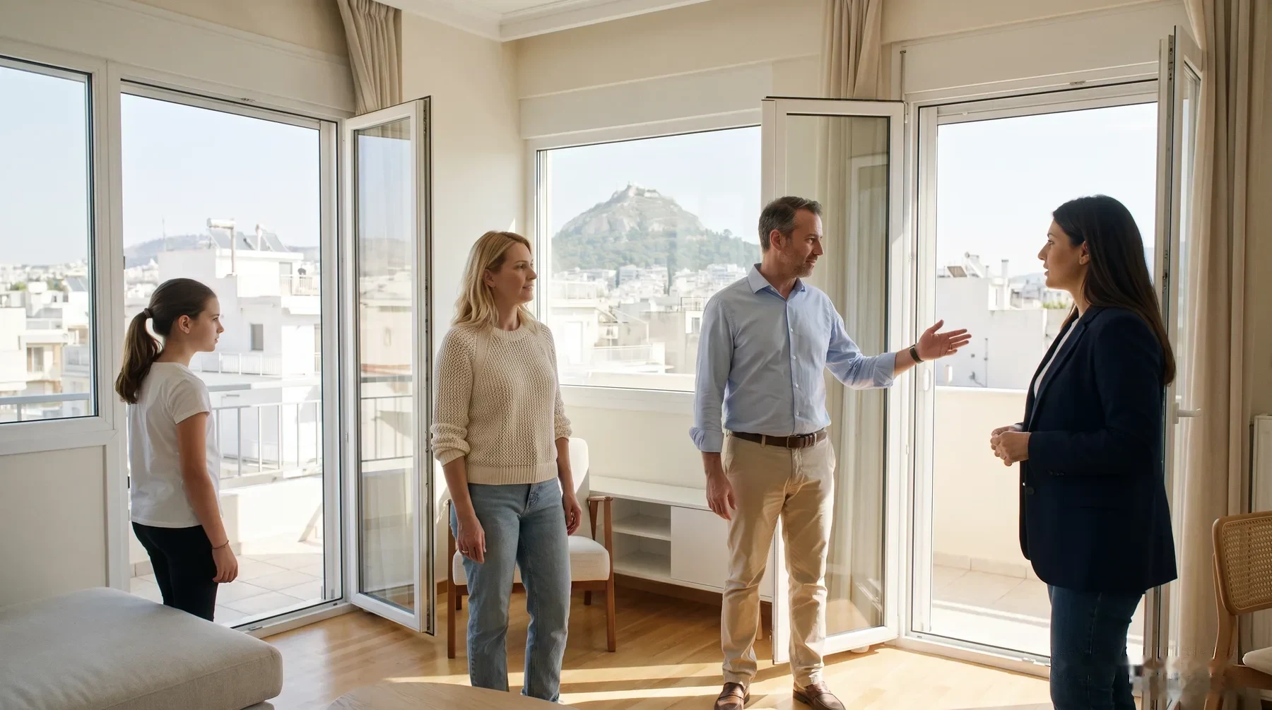A family with Vanuatu passports viewing an apartment in Athens before applying for Greek residence