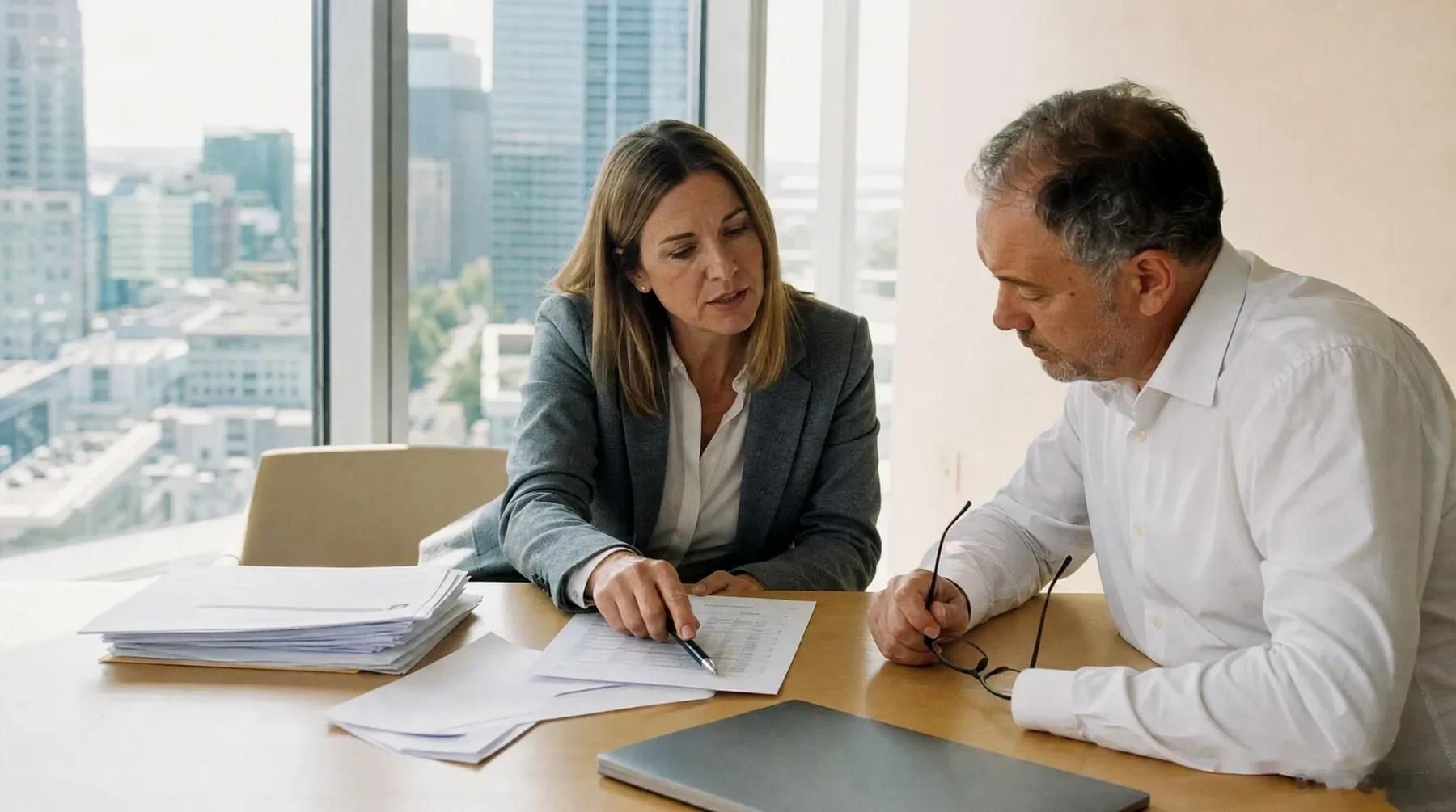 A BRIDGES lawyer and a client review bank statements at a meeting-room table before filing an application