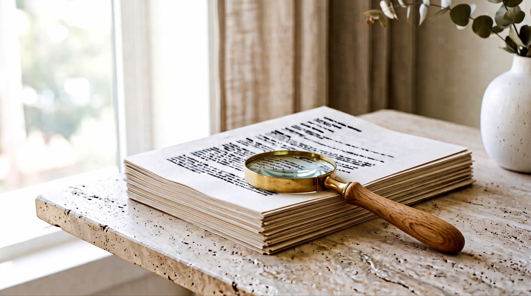 A magnifying glass on a stack of documents