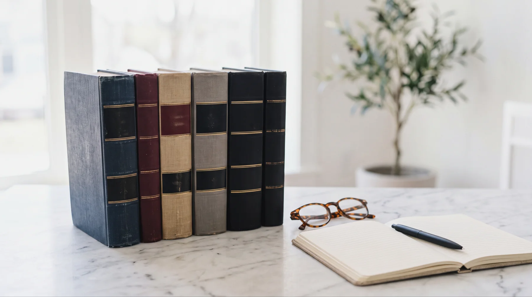 Law books and glasses on a desk