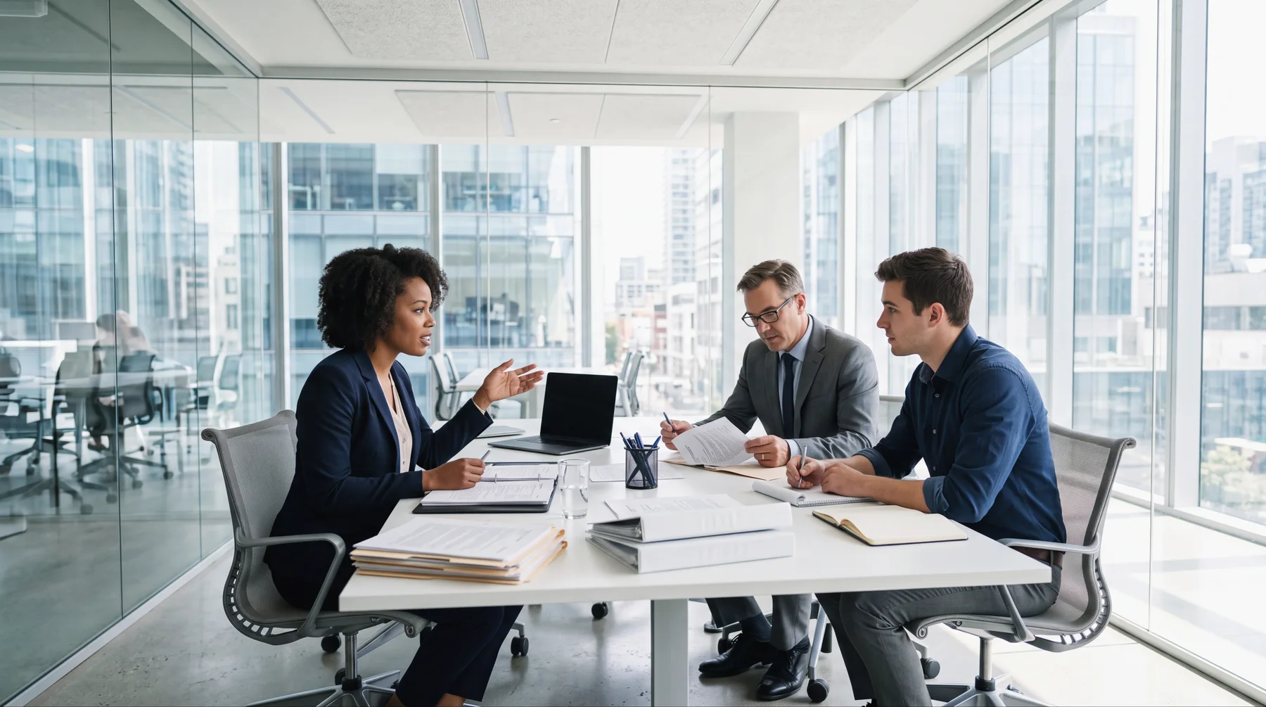 Lawyers discuss a case in a glass meeting room