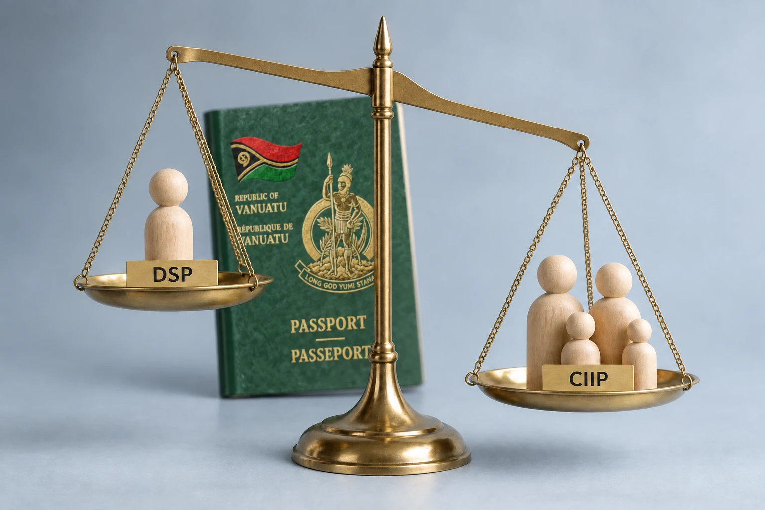Весы DSP и CIIP на фоне паспорта Вануату