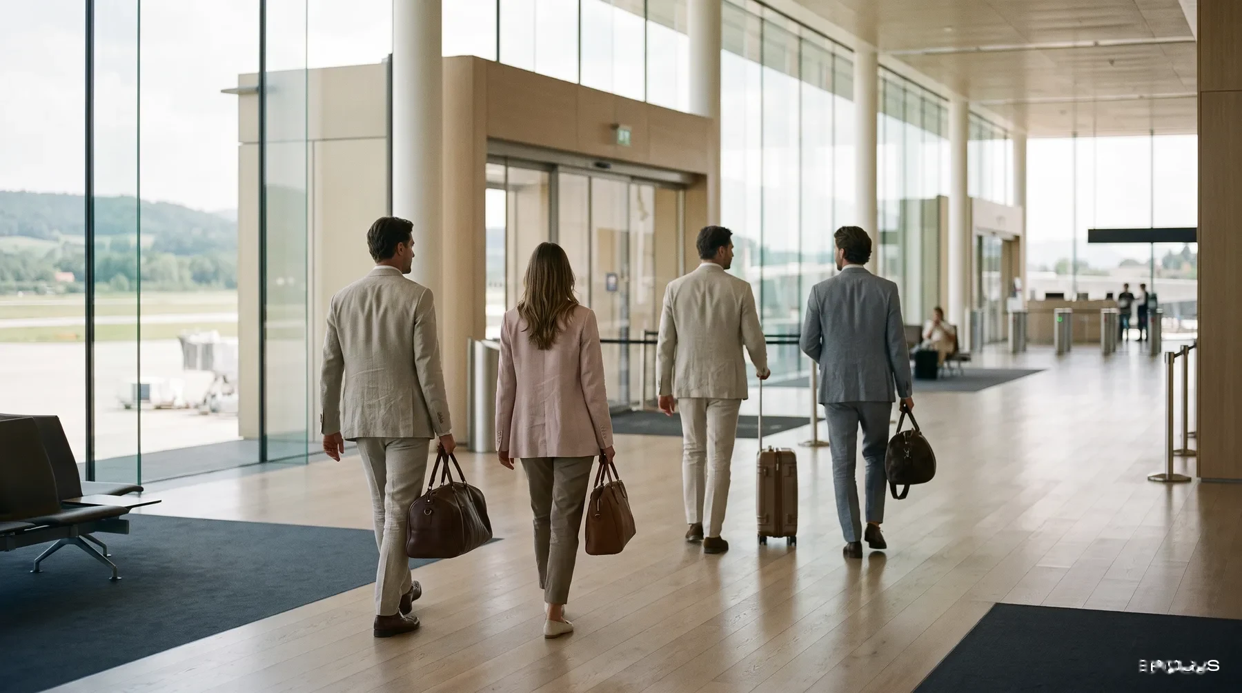 International terminal: travellers with cabin luggage walking towards departure gates