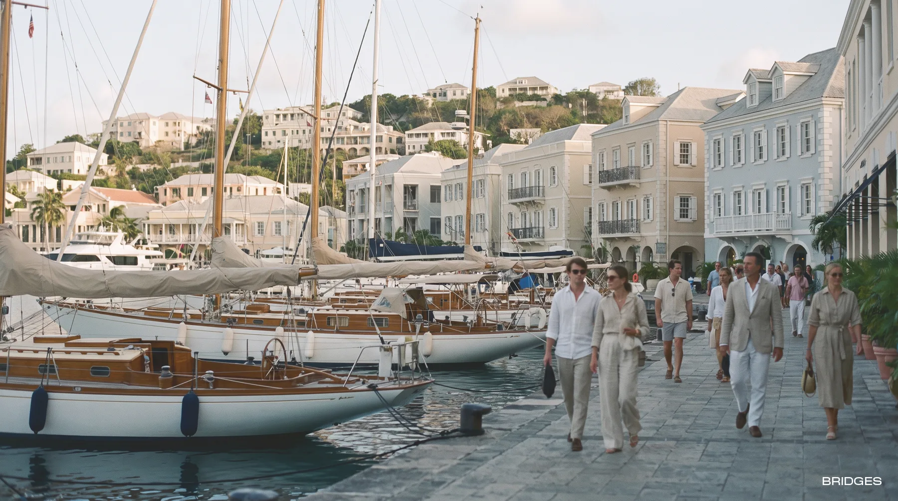 Marina promenade of a Caribbean capital: yachts at berth and colonial architecture