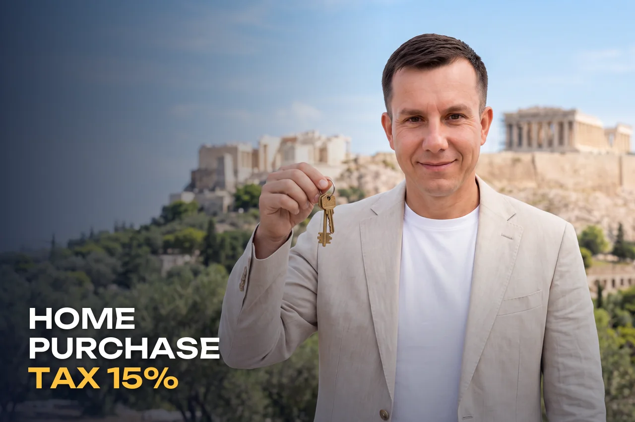 Sergey Evdokimov holding apartment keys in front of the Acropolis in Athens