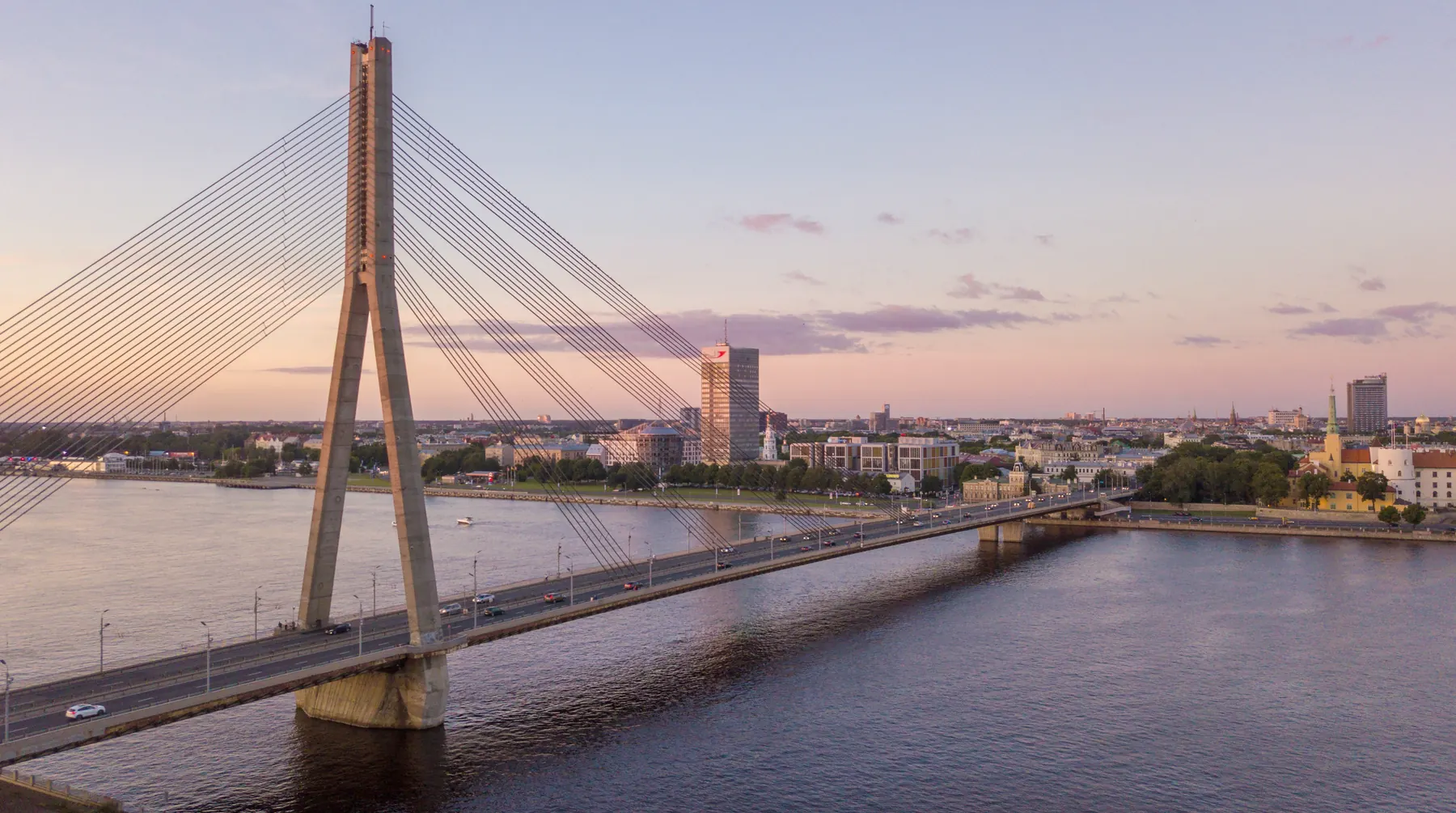 The cable-stayed bridge over the Daugava in Riga at sunset