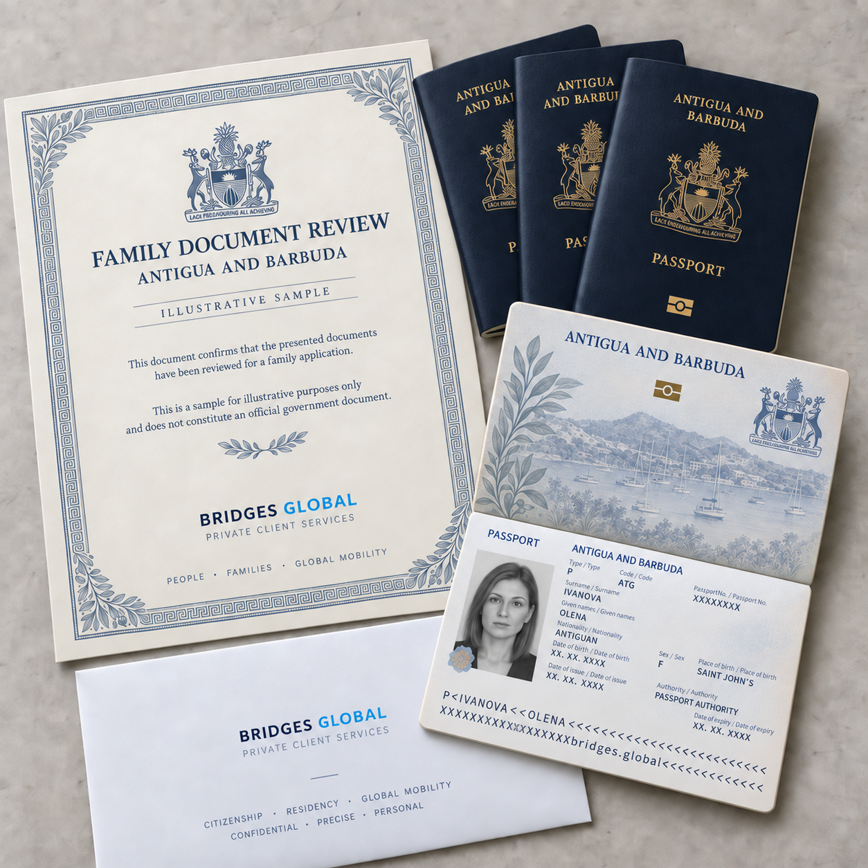 Образцы паспортов Антигуа и Барбуды, сертификата и конверта Bridges Global