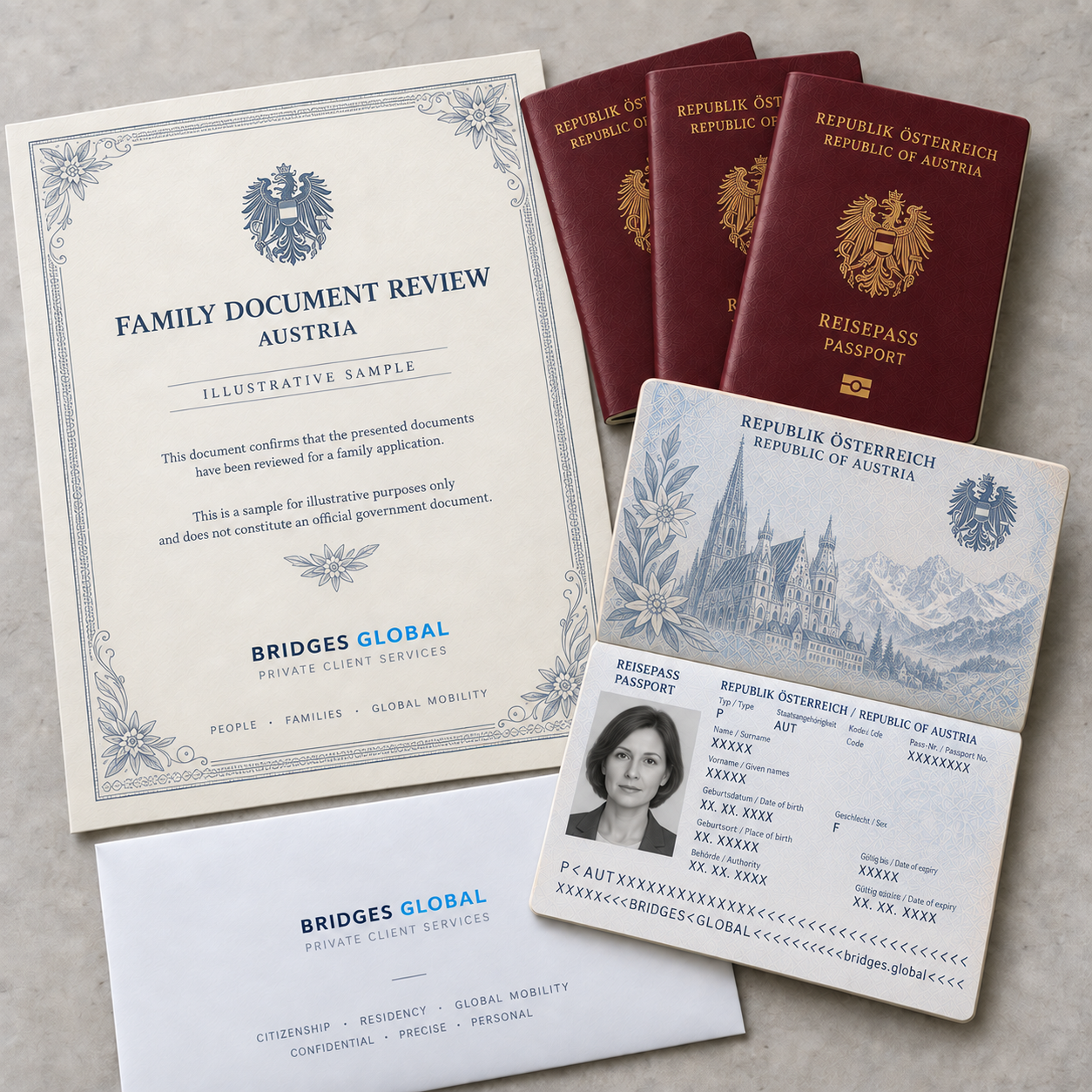 Образцы австрийских паспортов, сертификата и конверта Bridges Global