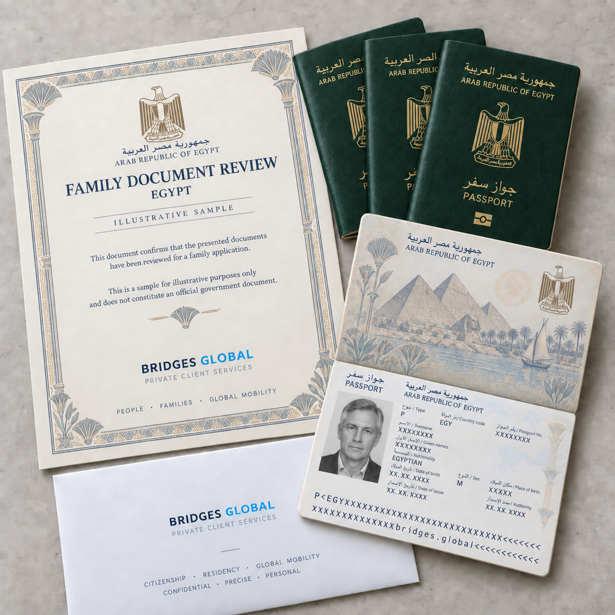 Образцы египетских паспортов, сертификата и конверта Bridges Global