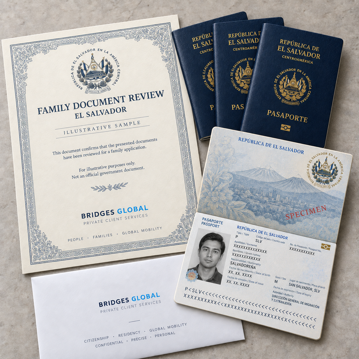 Образцы паспортов Сальвадора, сертификата и конверта Bridges Global