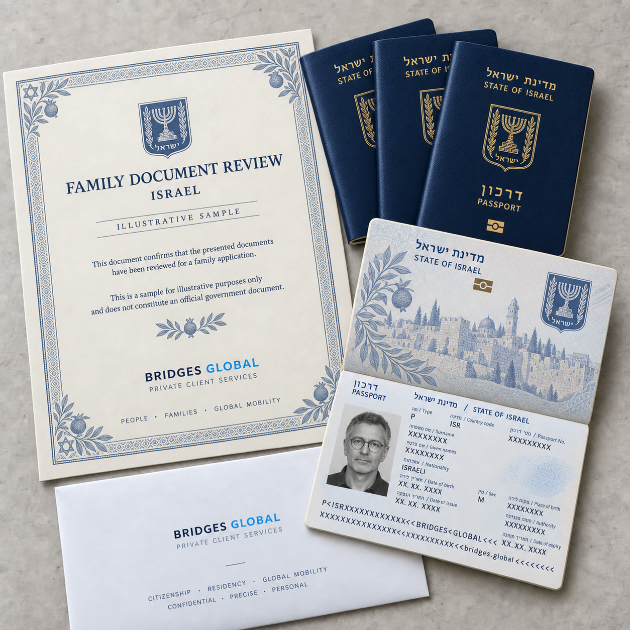 Образцы израильских паспортов, сертификата и конверта Bridges Global