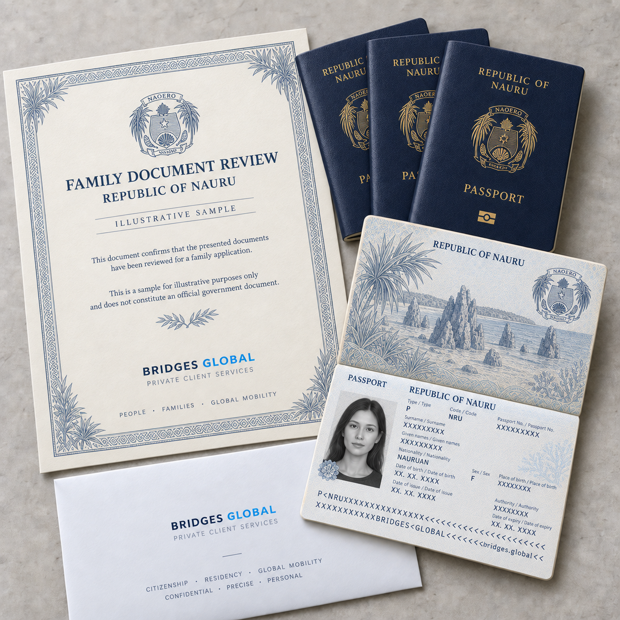 Образцы паспортов Науру, сертификата и конверта Bridges Global