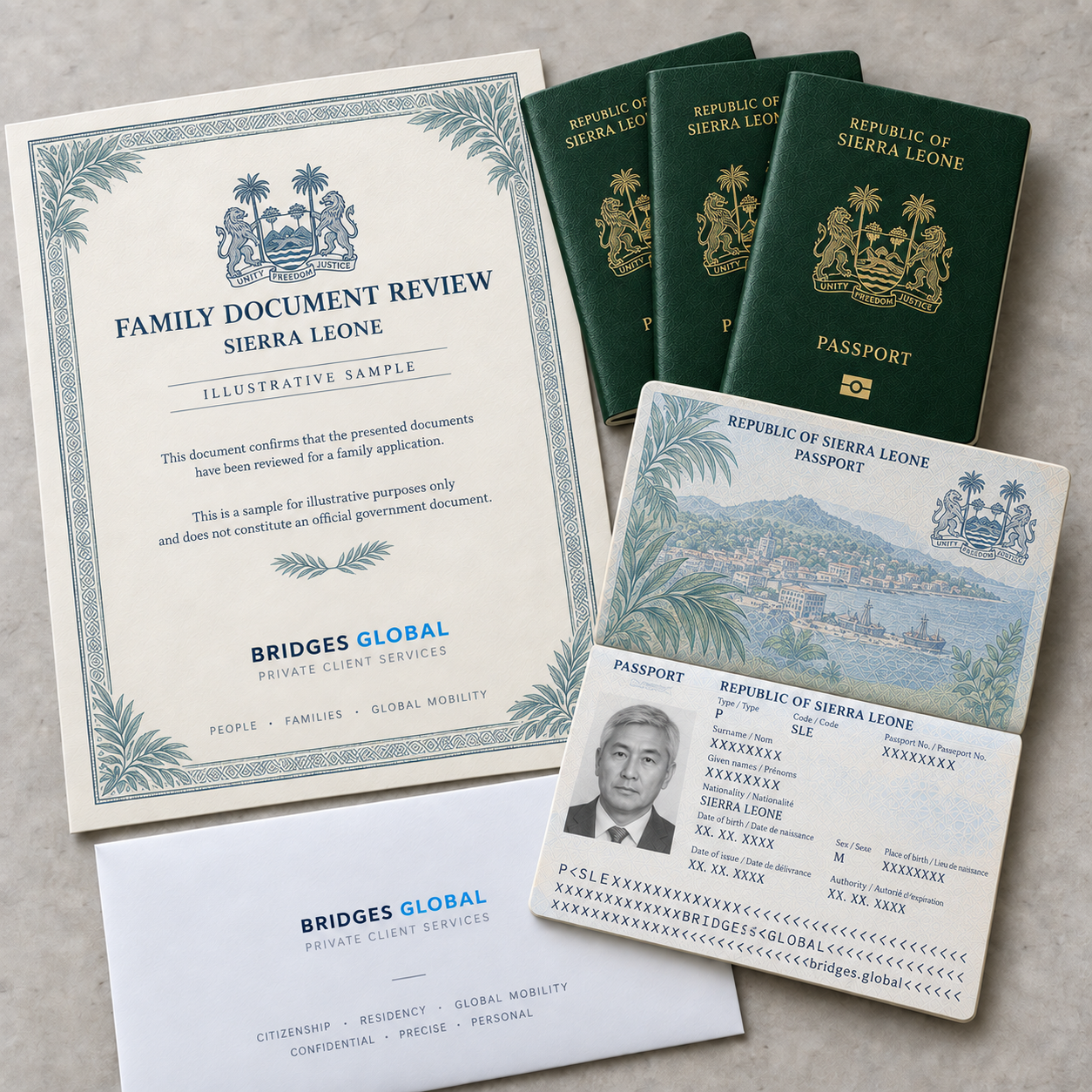 Образцы паспортов Сьерра-Леоне, сертификата и конверта Bridges Global