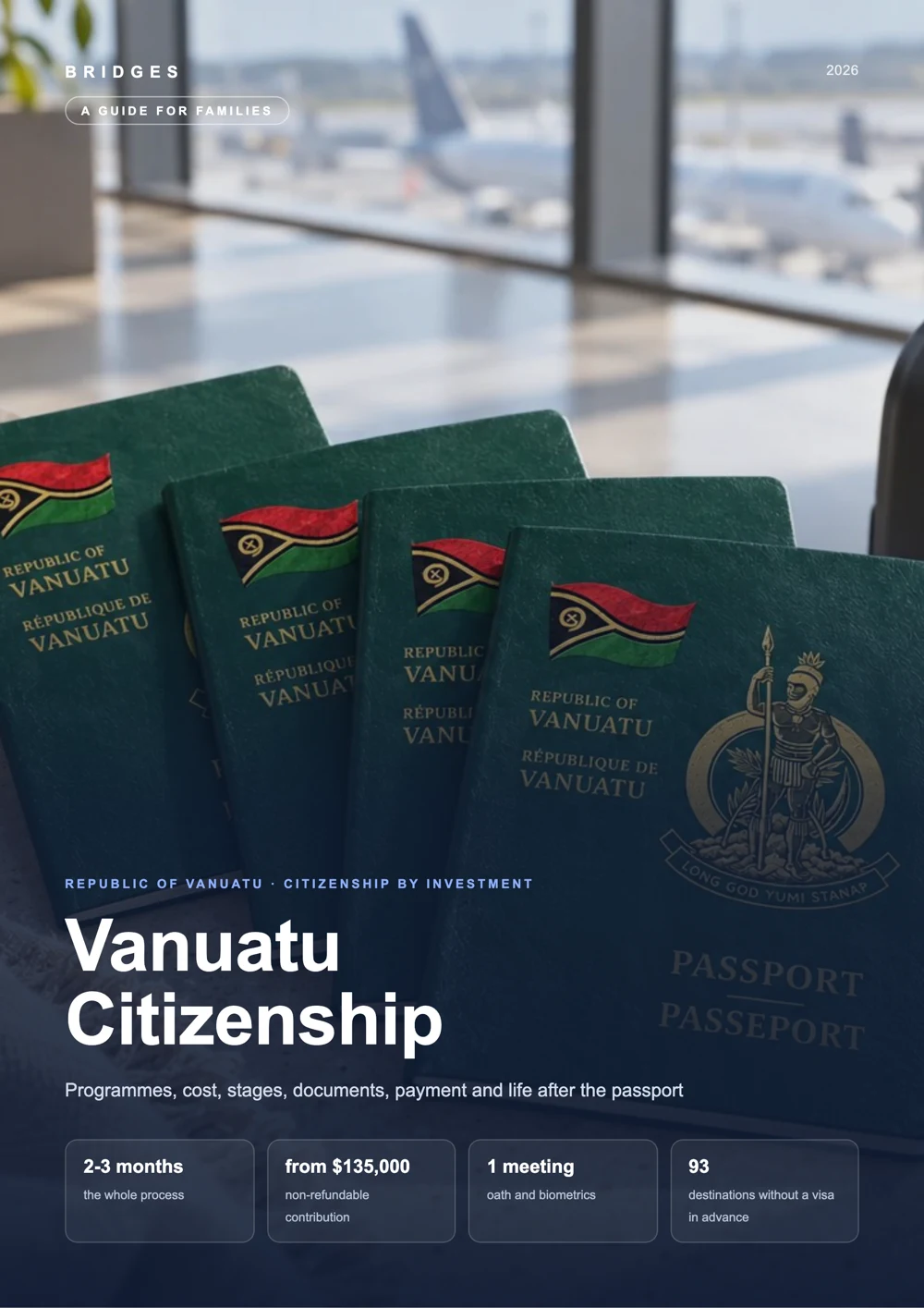 Cover of the BRIDGES guide to Vanuatu citizenship: Vanuatu passports on a table