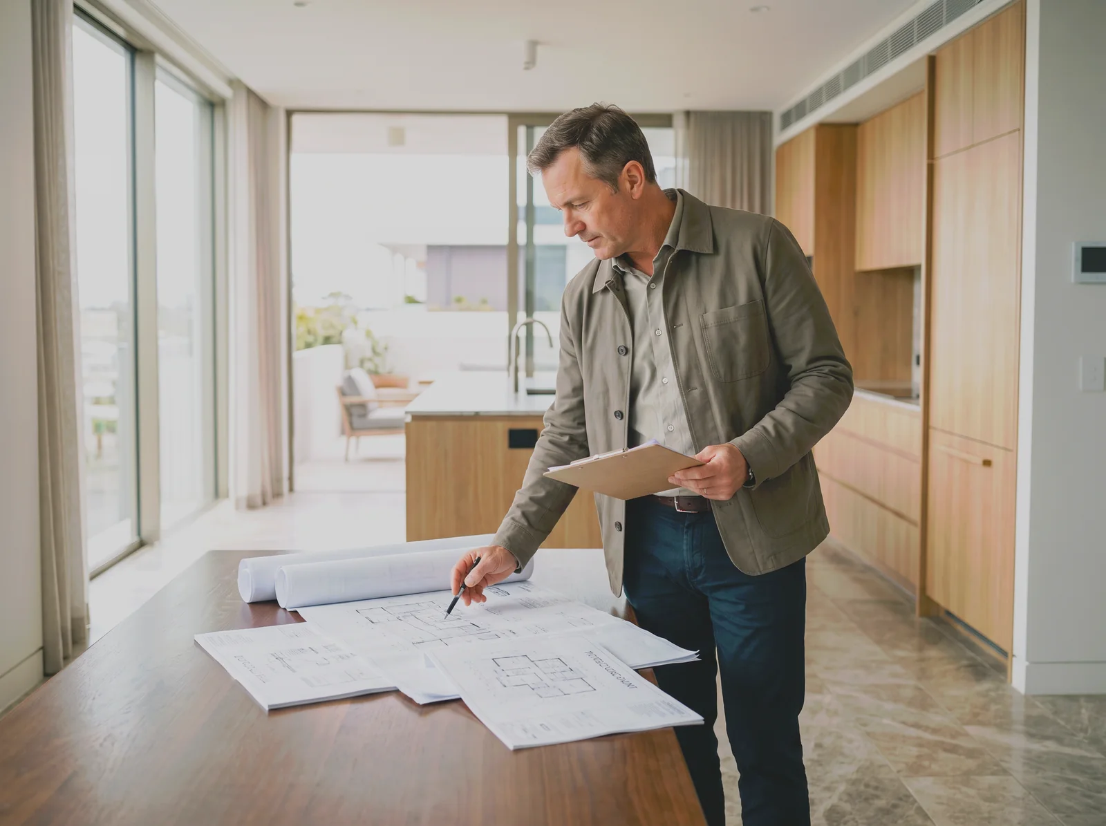 A specialist checking documents and a floor plan at a prime property