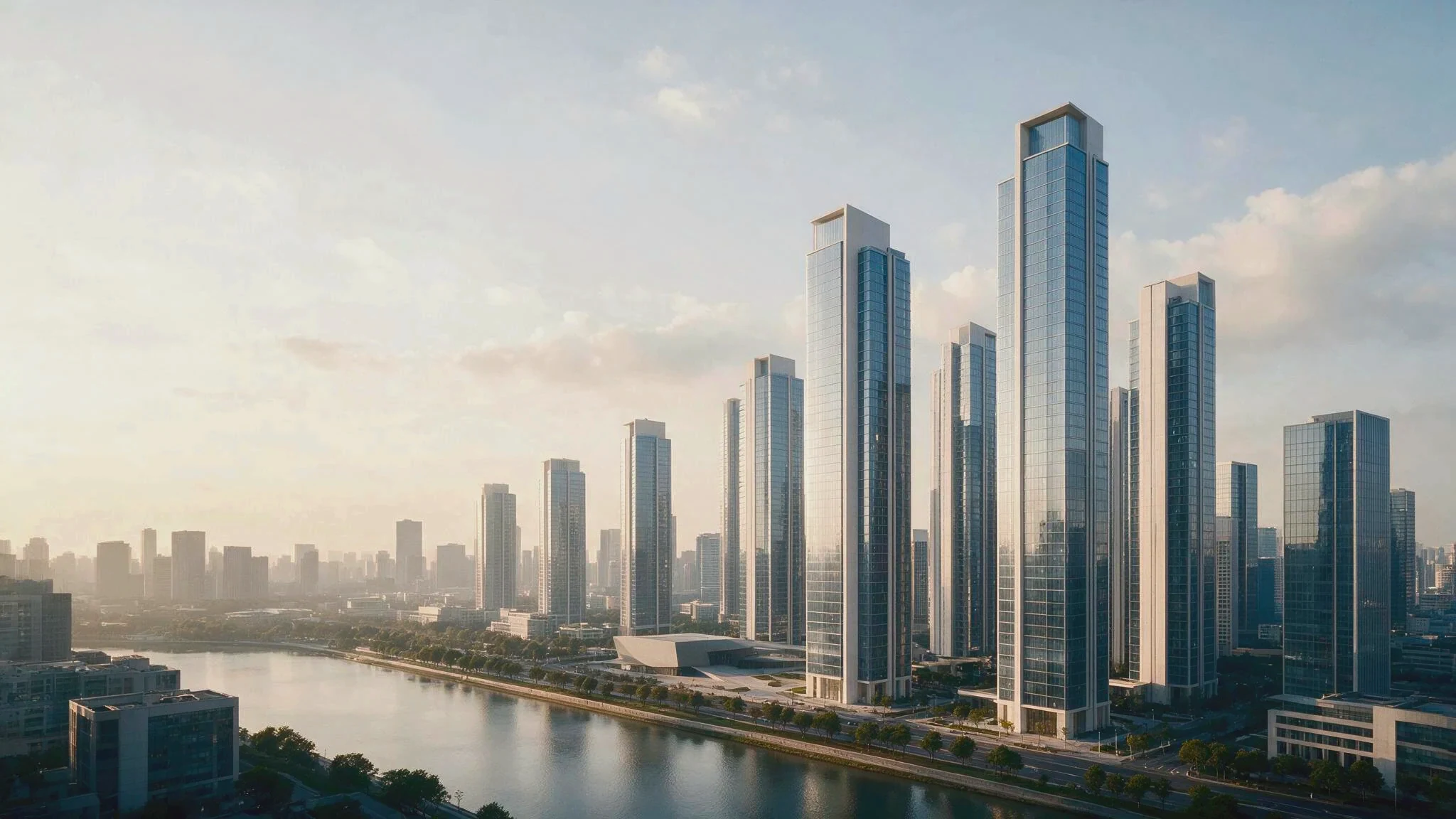 An international business district in the morning