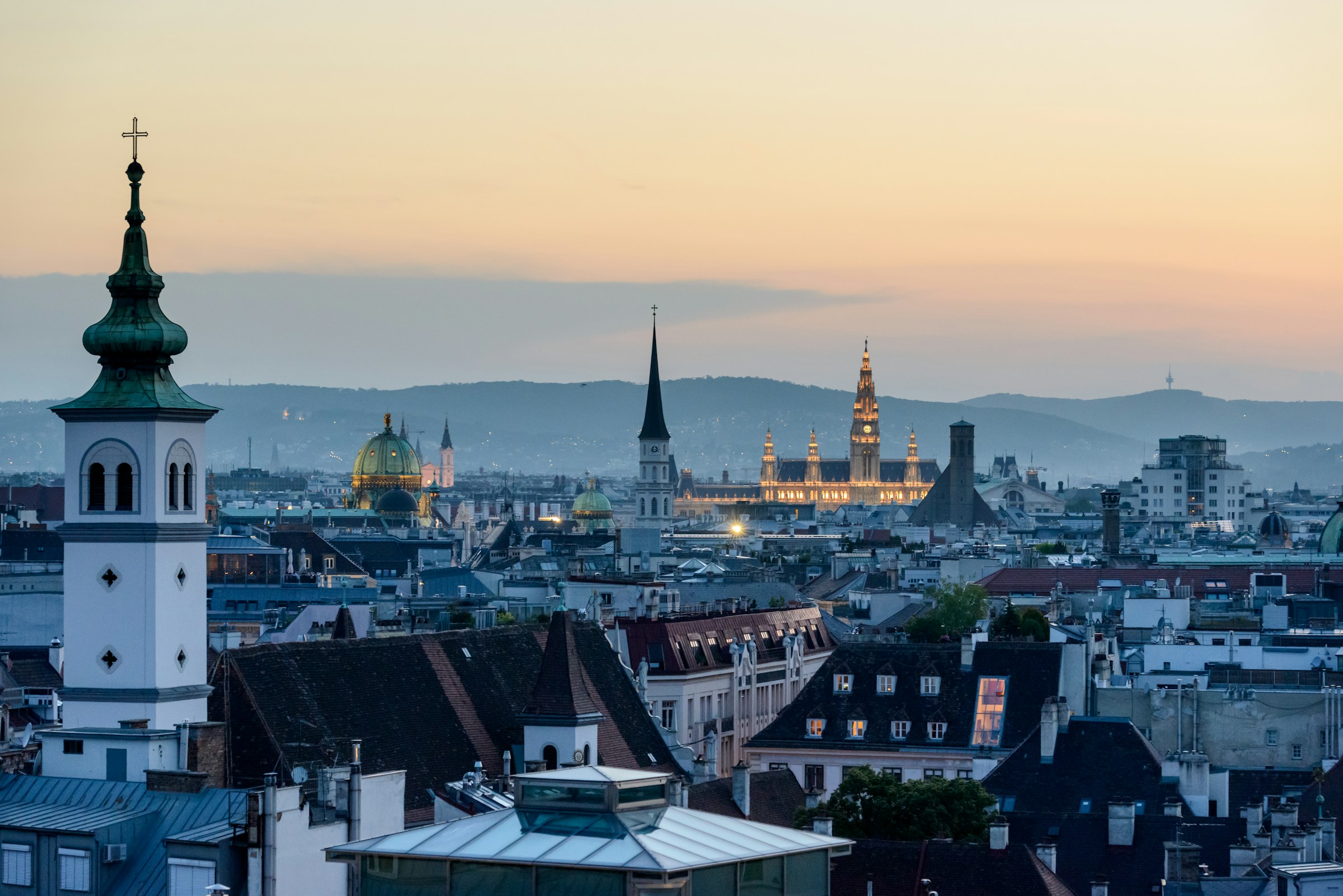 A panorama of the historic centre of Vienna in the evening light