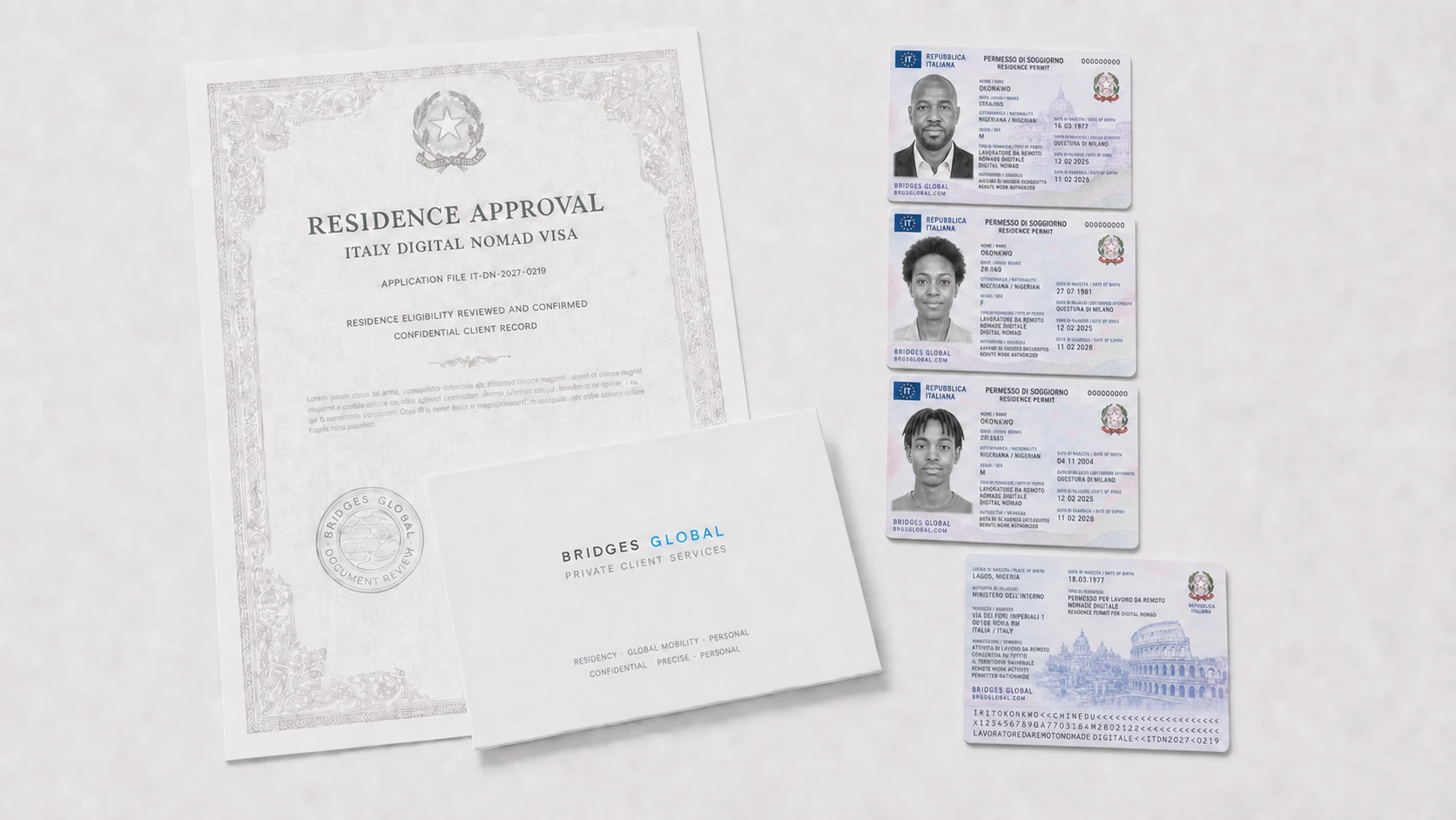 An Italian residence card and a set of nomad visa documents