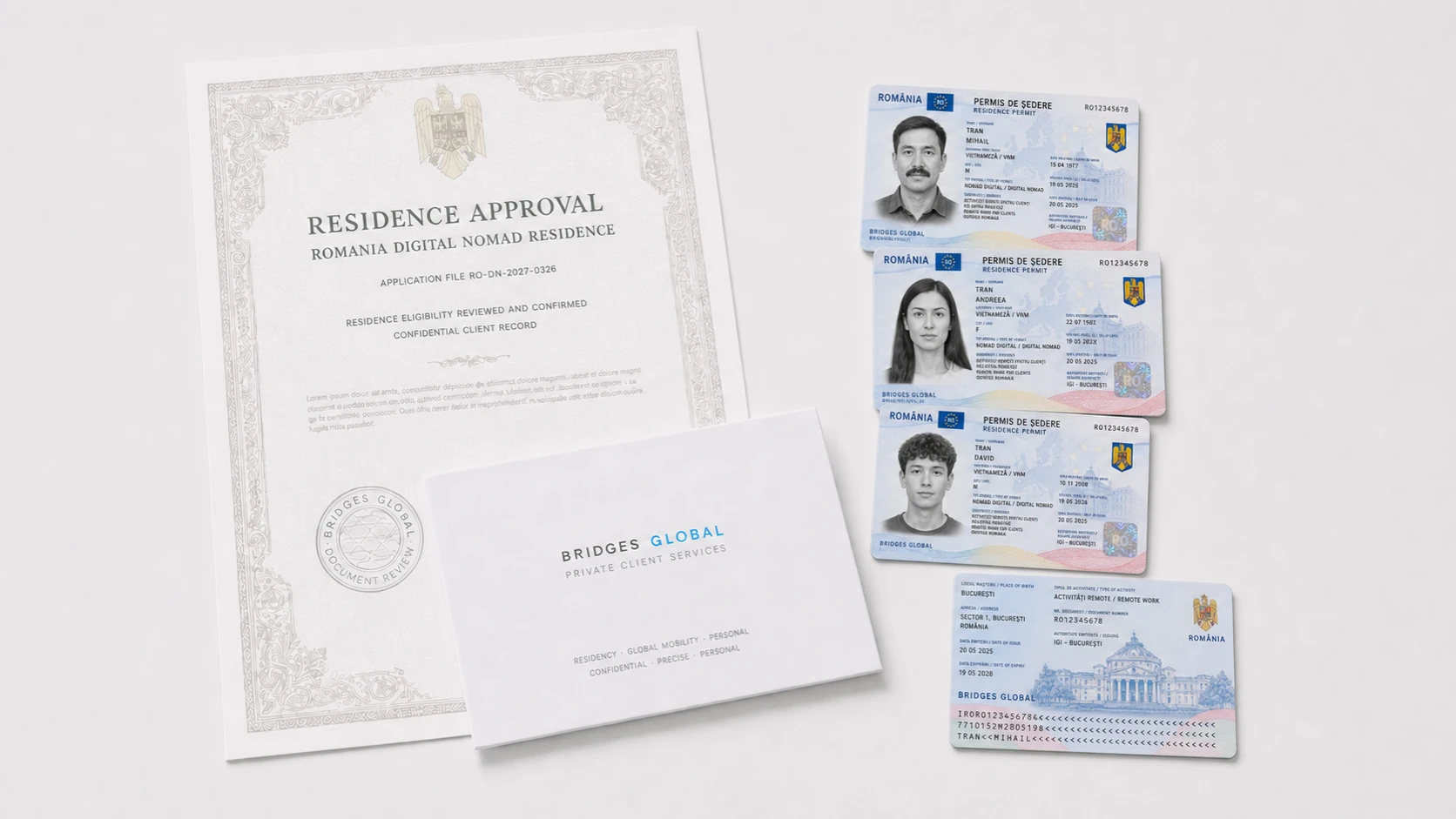 A Romanian residence card and a set of documents