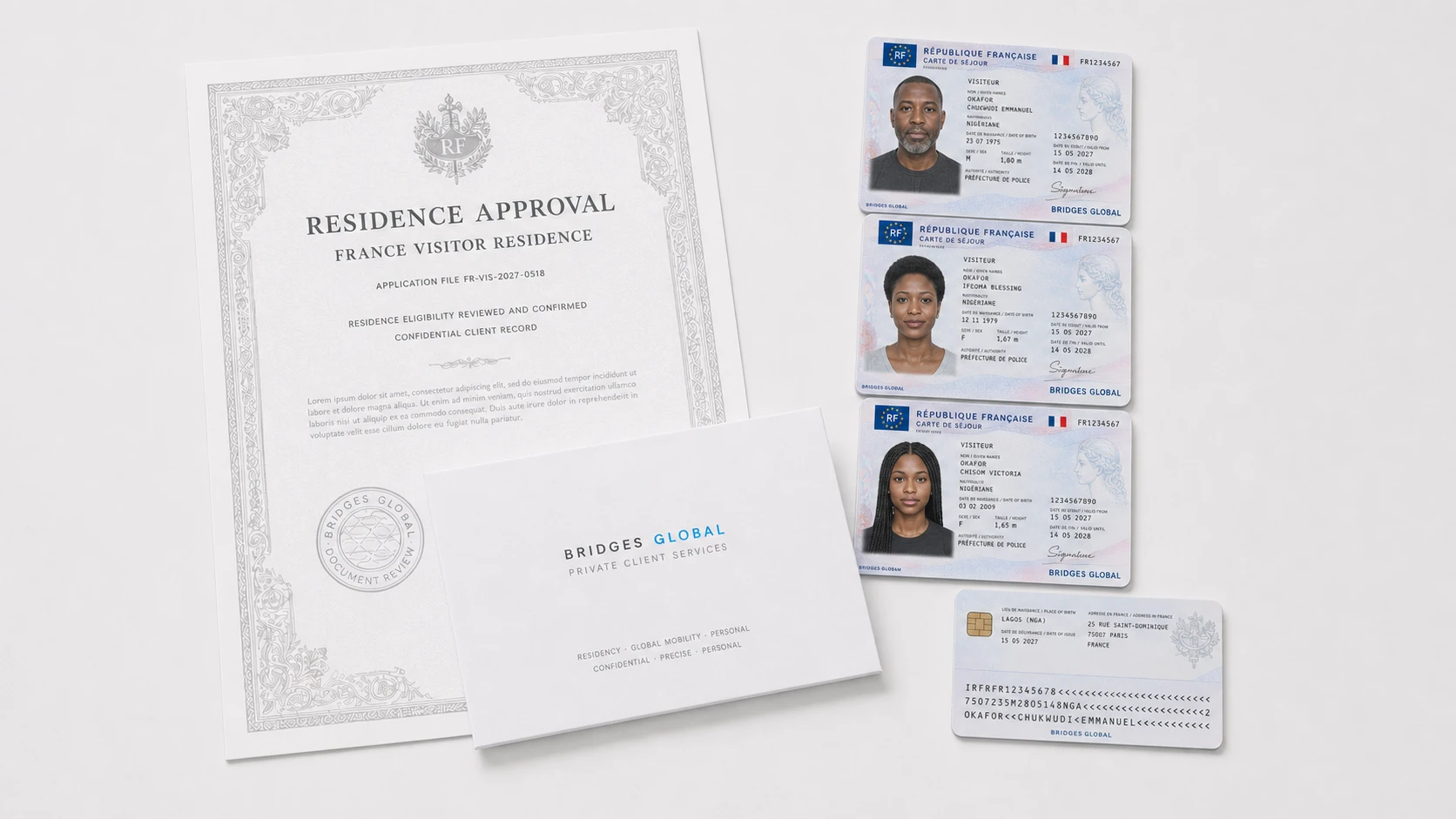 A French residence card and a set of documents