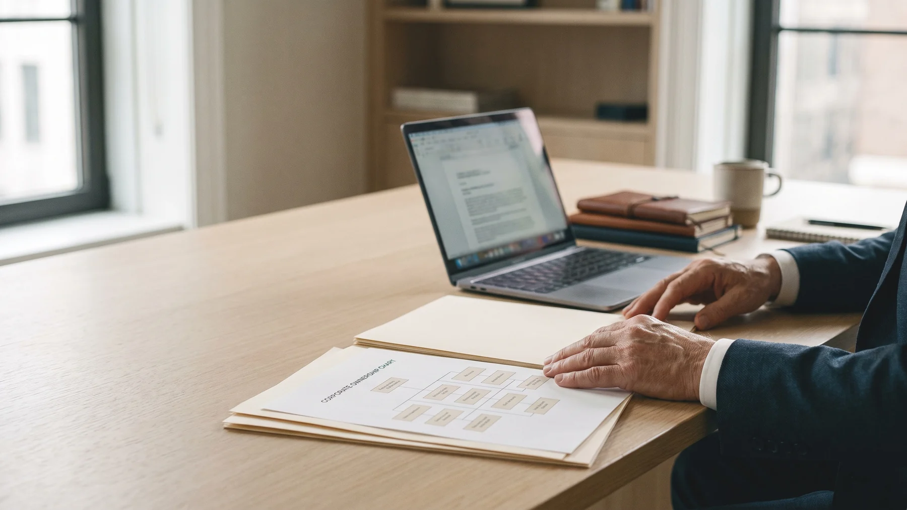An ownership chart, banking correspondence and working papers on a lawyer’s desk