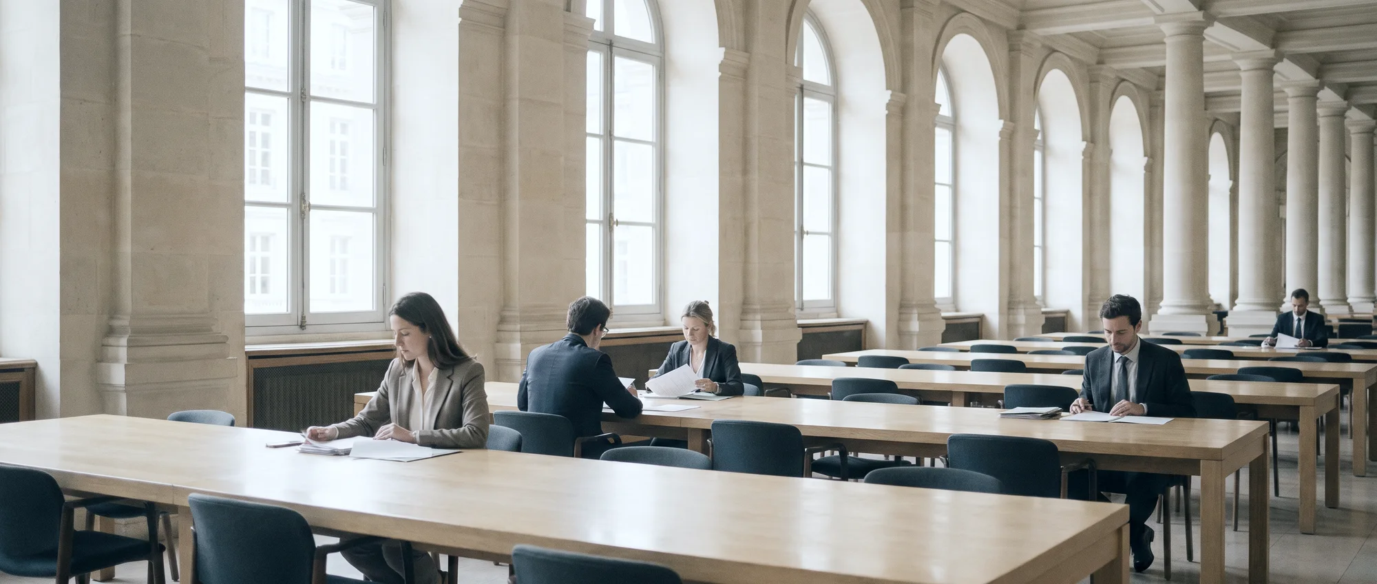 A hall with arched windows and columns, lawyers working at long tables