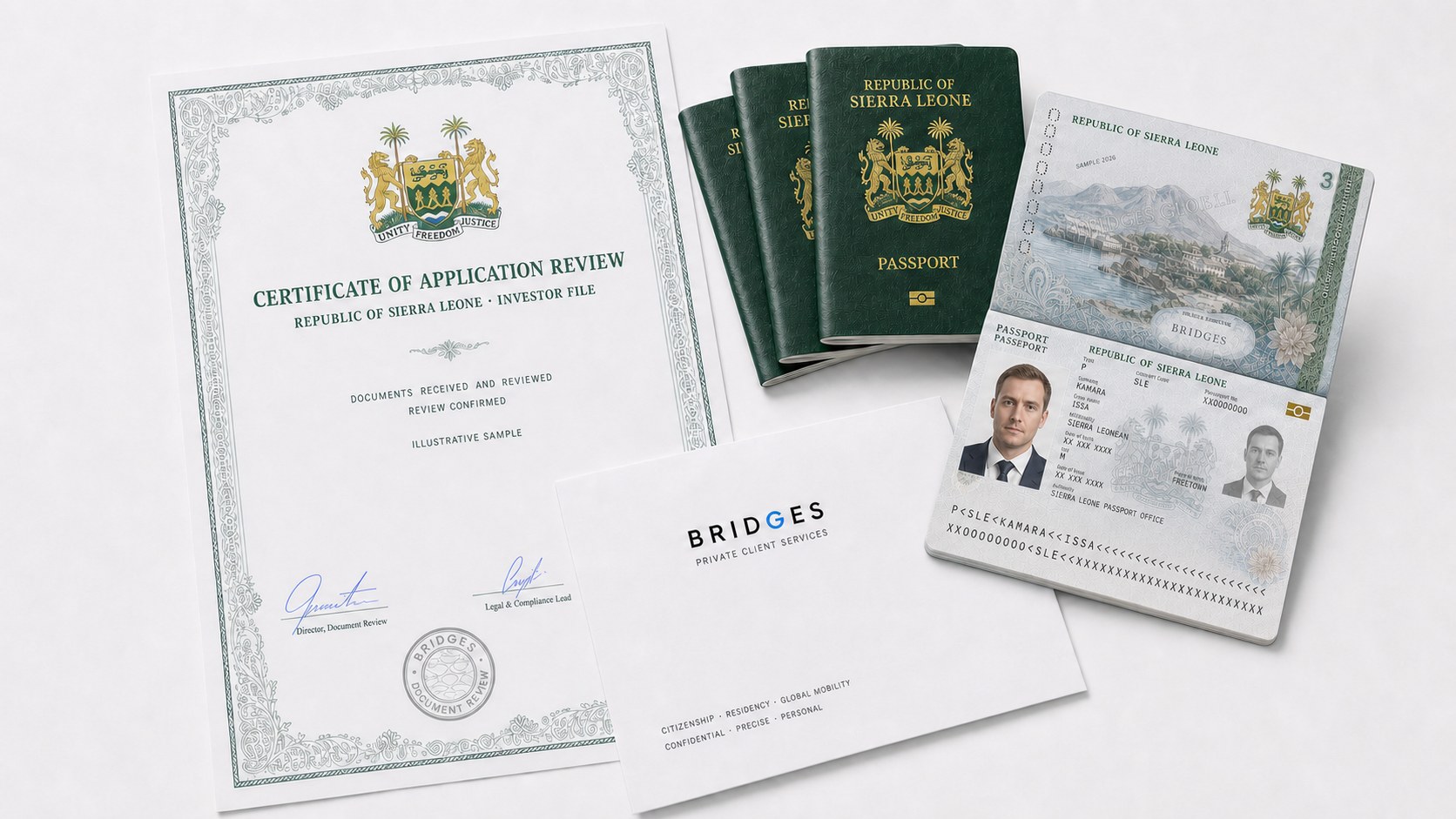 Sierra Leone passports, an open passport, a certificate and a BRIDGES envelope