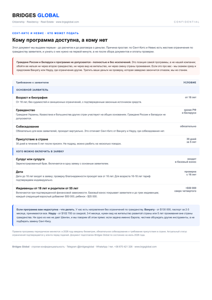 A page of the BRIDGES GLOBAL document pack on St Kitts and Nevis: Who may apply