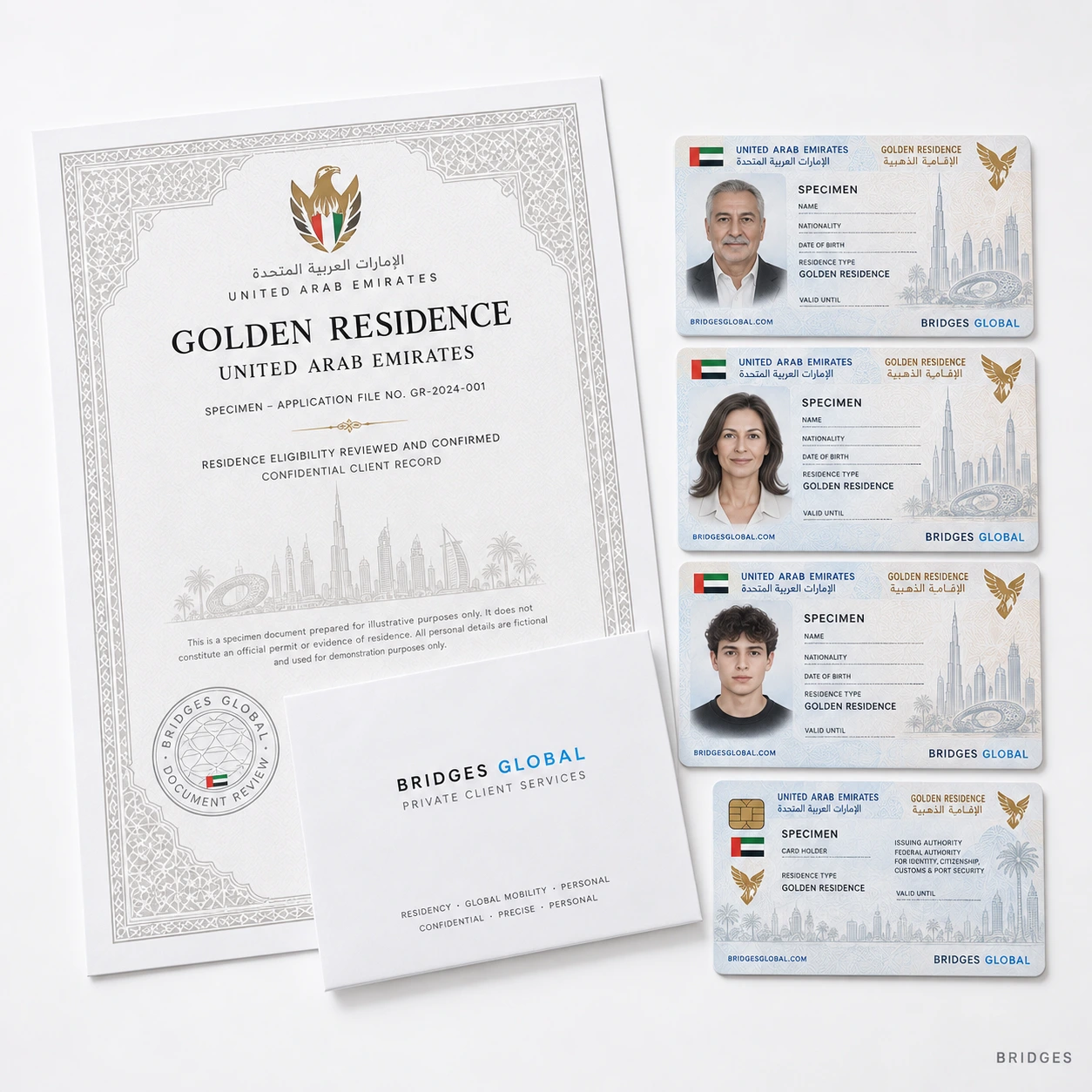 Иллюстративные образцы сертификата Golden Residence, семейных карт ОАЭ и конверта BRIDGES